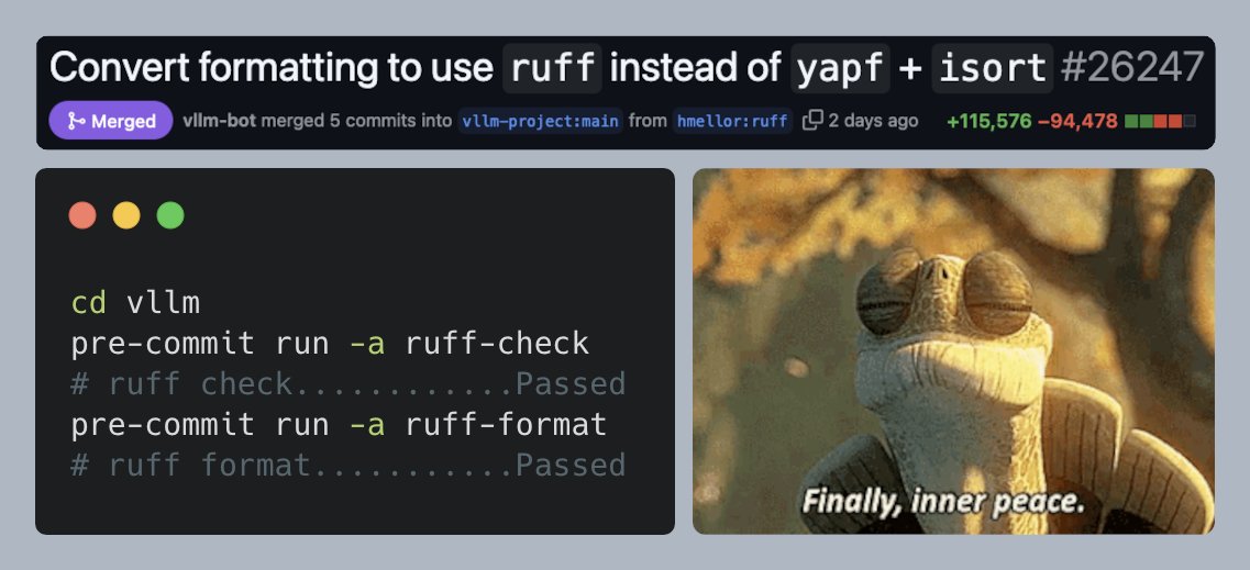 I've been wanting to do this for a really long time... <a href="/vllm_project/">vLLM</a> is now fully formatted using ruff! 🚀

This change makes the codebase more readable and uses stronger tooling to keep it that way.

Kudos to <a href="/ThePSF/">Python Software Foundation</a> for the Black code format and to <a href="/astral_sh/">Astral</a> for ruff!