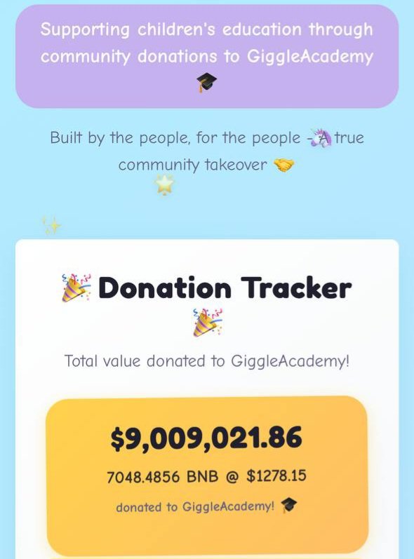GiggleFundBSC's tweet image. $9,000,000 Raised! 🎉 Over 7,000 BNB donated to @GiggleAcademy 🚀
What began as a meme has become a global movement - reshaping education and redefining what memecoins can do. 📚✨
Together, we’ve funded free learning for children worldwide 🌍
A true community revolution!…