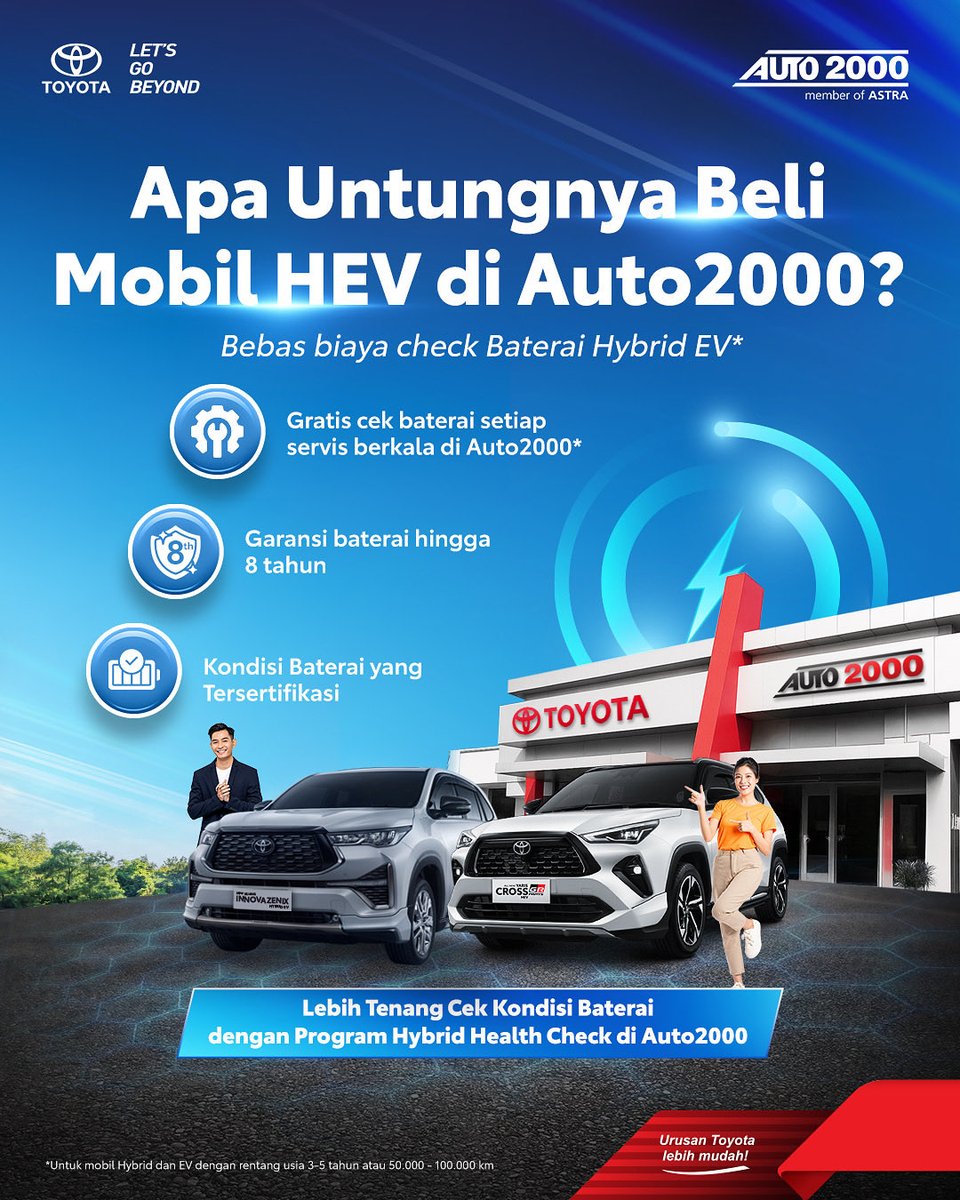 AUTO2000ID_'s tweet image. AutoFamily semakin tenang membeli mobil HEV di Auto2000! 😎

Nikmati gratis pengecekan baterai melalui program Toyota Hybrid Health Check, khusus kendaraan usia 3–5 tahun atau 50.000–100.000 km. Yuk, langsung ke bengkel Auto2000! 😉

#AUTO2000 #AUTO2000ID #AUTOGASPOOOL