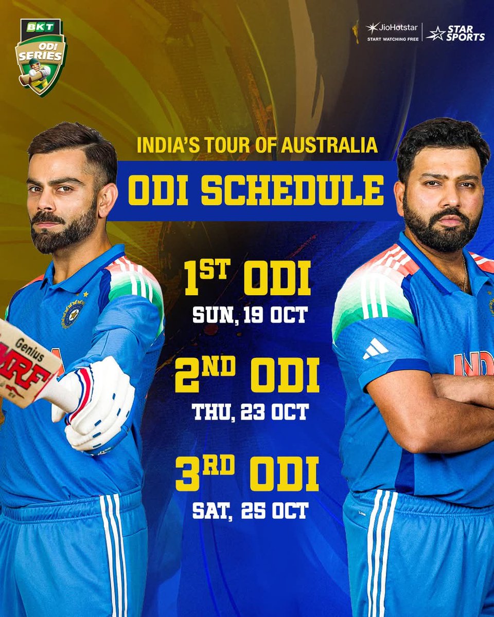 MrRishav045's tweet photo. Mark your calendars 📆 This festive season, cricket brings you the 𝗧𝗢𝗨𝗚𝗛𝗘𝗦𝗧 𝗥𝗜𝗩𝗔𝗟𝗥𝗬! 🔥

India’s tour of Australia 2025 kicks off with 𝗥𝗼-𝗞𝗼’𝘀 return for the 3-match ODI series, followed by 5 T20Is.

#AUSvIND 👉🏻 Starts OCT 19 https://t.co/tRoDvAvaOC
