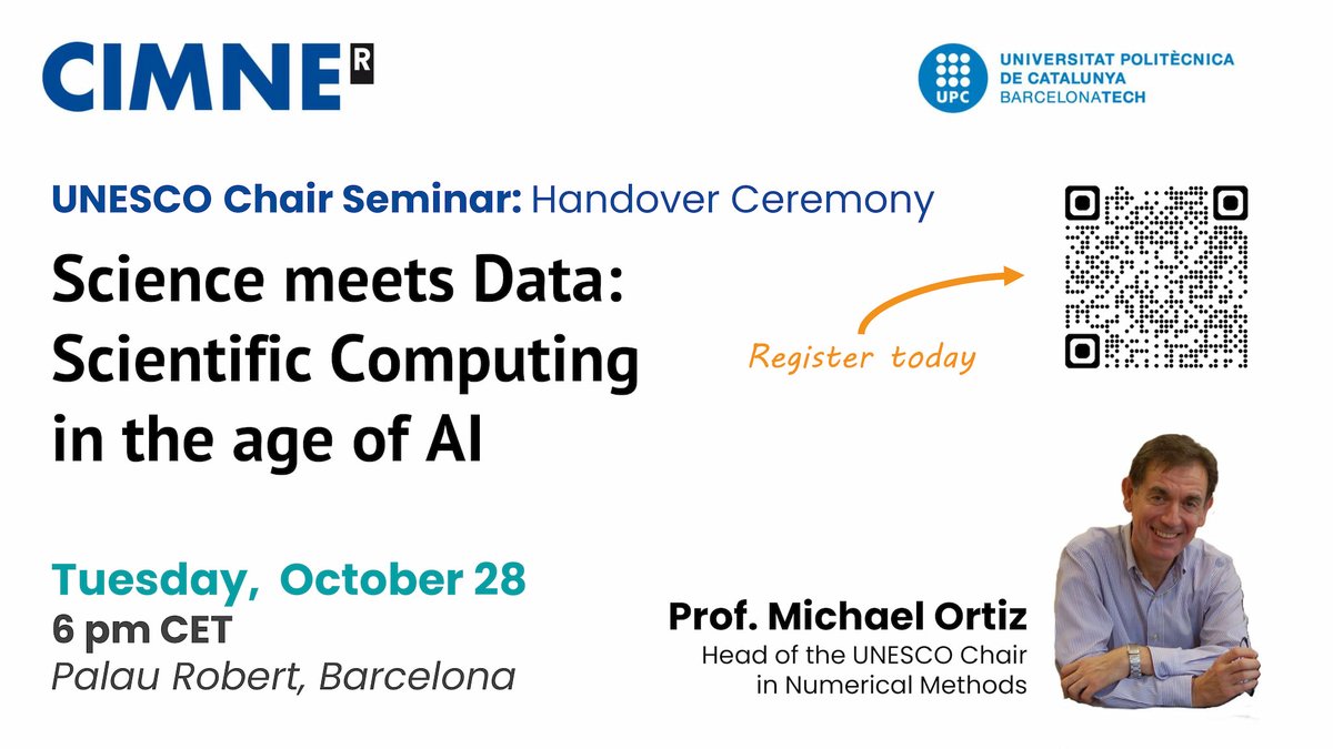 🗣️ <a href="/UNESCO/">UNESCO 🏛️ #Education #Sciences #Culture 🇺🇳</a> Chair Talk: Join us in Barcelona to explore the boundaries of Scientific Computing in the age of AI

📅 Tue, Oct 28 🕕 6 pm CET 📍@PalauRobert 

🔗 Register now: cimne.com/unesco-chair-s…