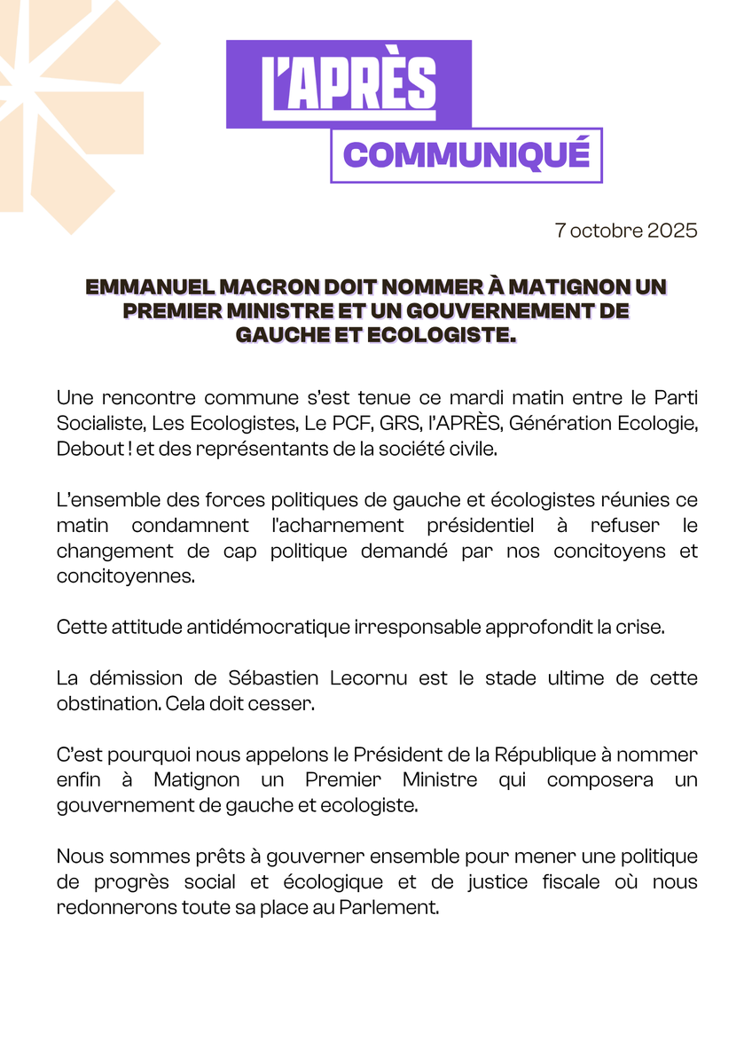 RaquelGarridoFr's tweet photo. ON AVANCE.
Aujourd'hui, deux réunions unitaires ont eu lieu. 

Celle des partis qui revendiquent ensemble Matignon (aka "Objectif Matignon"). Les 7 partis suivants ont accéléré leur revendication commune de gouverner, dans le respect du scrutin de l'été 2024 : Ecolos, PS, PCF, APRÈS, GRS, Génération écologie. La société civile est aussi représentée dans ce cadre notamment par Lucie Castets. Le communiqué commun est joint à ce tweet.

A 9h, une réunion s'est tenue en présence de LFI ce qui est une tentative, même partielle, de remettre de l'esprit unitaire là il ne semblait y avoir qu'hostilité jusqu'à présent. C'est fragile mais cela vaut le coup d'être vérifié.

L'APRÈS a participé aux deux réunions et continuera son travail loyal dans le sens de l'unité du "peuple NFP". C'est la condition de nos victoires futures qui restent à construire. Nous continuons en outre le travail dans le cadre du FP2027 (aka "Bagneux") pour une candidature unique de la gauche à la présidentielle.

To be continued ✊🏾