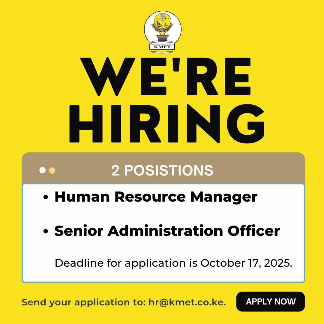 Kmet_Kenya's tweet photo. Human Resource Manager https://t.co/GKP4aBslXS

Senior Admin Officer https://t.co/wZhnouRh8A https://t.co/VEnd8SqvXj