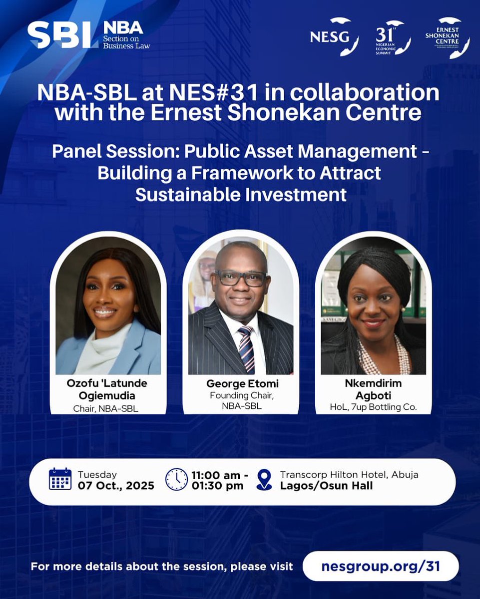 The Chair of the Nigerian Bar Association Section on Business Law (NBA SBL), Ozofu ’Latunde Ogiemudia, will join George ETOMI, Founding Chairman of the NBA-SBL, and Nkemdirim Agboti as panelists at the 31st Nigerian Economic Summit at Transcorp Hilton, Abuja.

#NBASBL2025 #NBASBL
