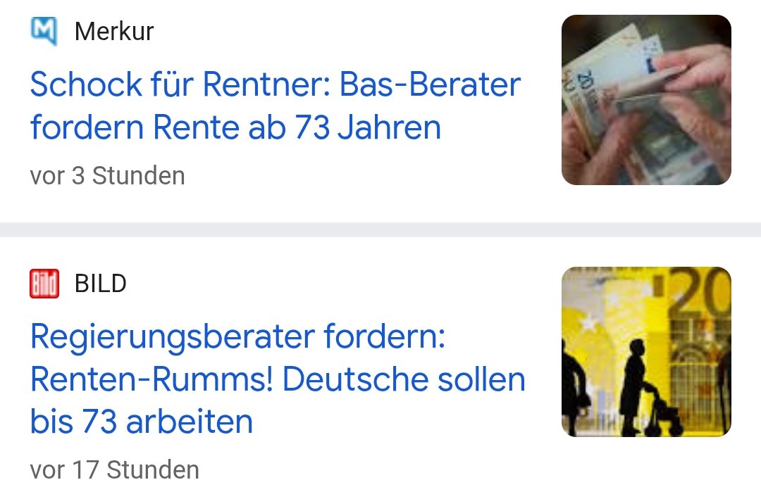 Rente mit 73 Jahren wird vorgeschlagen, weil der Wähler Parteien gewählt hat, die gegen Aktienrente sind und lieber unser Steuergeld jährlich ins Ausland, an NGOs und Arbeitsverweigerer verschenken. Keine Überraschung. Man muss selbst sparen, investieren &amp; vorsorgen. Eigene