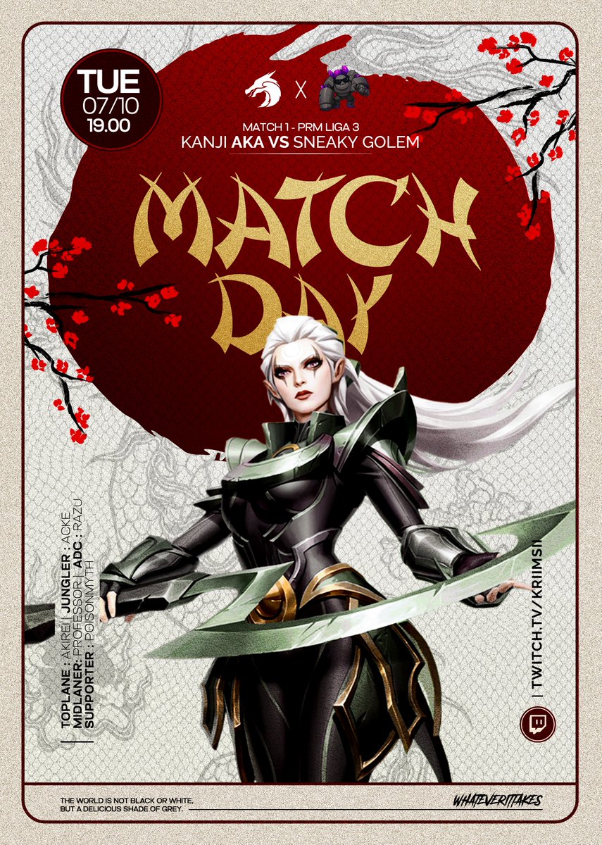[PRM Liga 3.4 - Matchday #1] 
Endlich geht es los! Direkt zum Start müssen wir einen alten Bekannten besiegen. <a href="/Henkindu/">Henkindu</a> steht auf der anderen Seite 🔥⚔️

⏰19.00 Uhr - KJ AKA vs Sneaky Golem

📺twitch.tv/kriimsii

何が必要でも 
#whateverittakes
