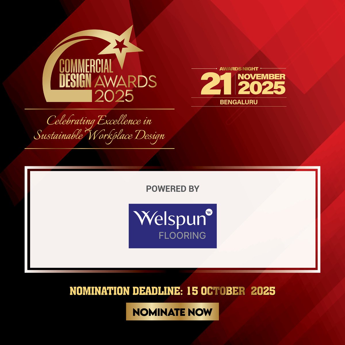 commdesignitp's tweet image. We are thrilled to announce that the Commercial Design Awards 2025, celebrating Excellence in Sustainable Workplace Design, is officially Powered by Welspun Flooring!

Date : 21 November 2025 | Bengaluru.

Deadline : October 15th! 

NOMINATE NOW! : shorturl.at/V0nI8