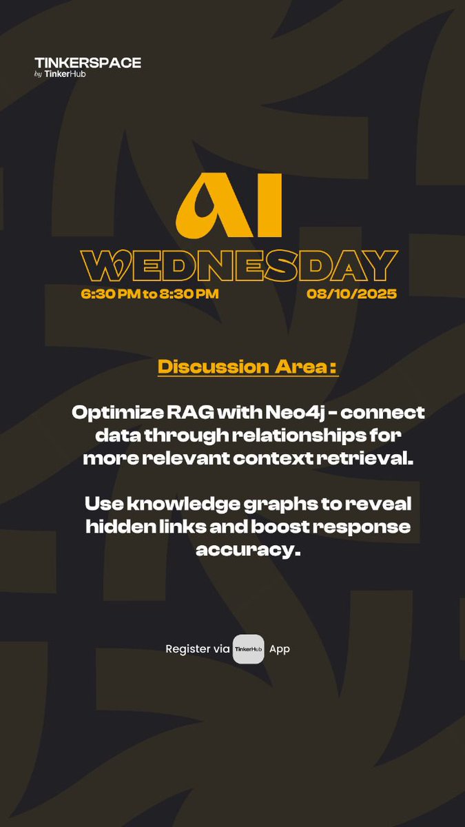 AI Wednesday
Discover how Neo4j Graph DB boosts RAG systems. Learn how mapping relationships help AI understand context, uncover hidden insights &amp; give smarter responses. Ideal for anyone interested in building context-aware AI applications.

tinkerhub.org/events/GX9SSHW…
Come join us!