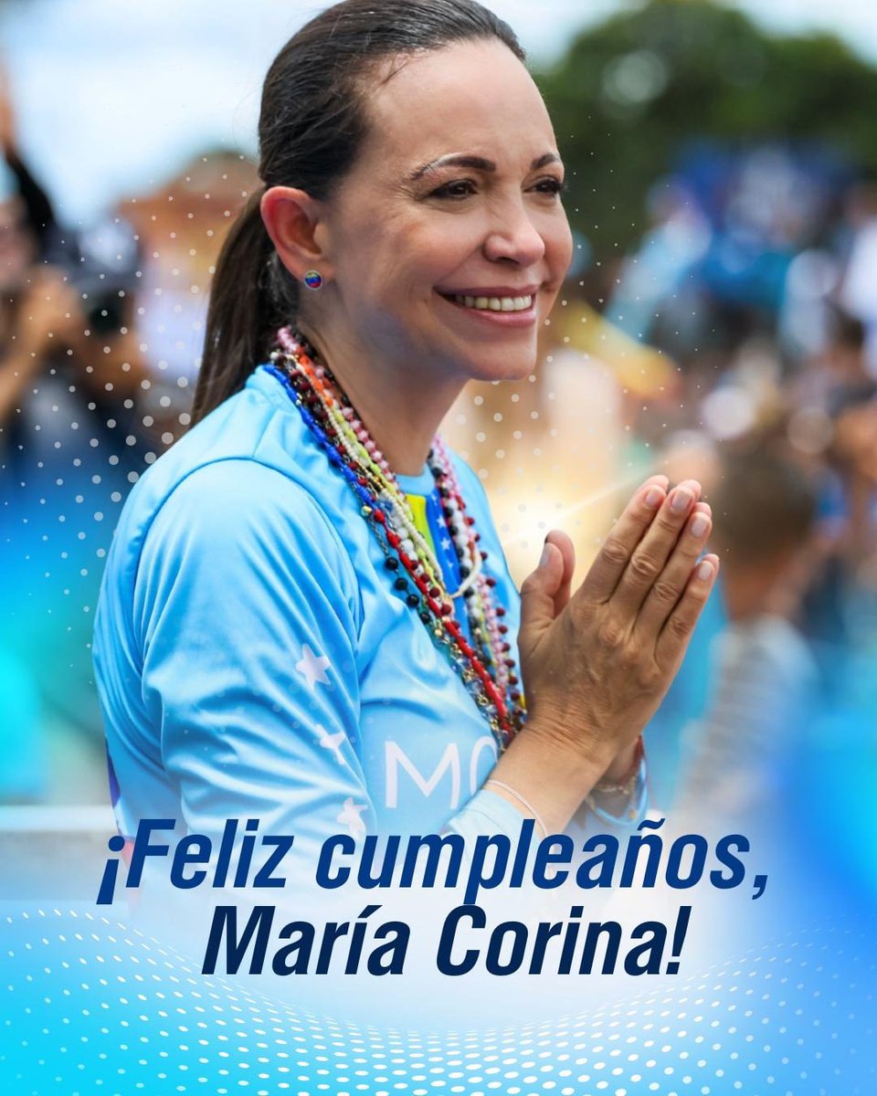 Felicitaciones en este tu día tan especial, que cumplas muchos años más con el favor de Dios, que Dios bendiga cada uno de tus días y los pasos que das en pro de la defensa de la libertad y la Democracia. Feliz cumpleaños nuestra líder María Corina Machado.
<a href="/MariaCorinaYA/">María Corina Machado</a>