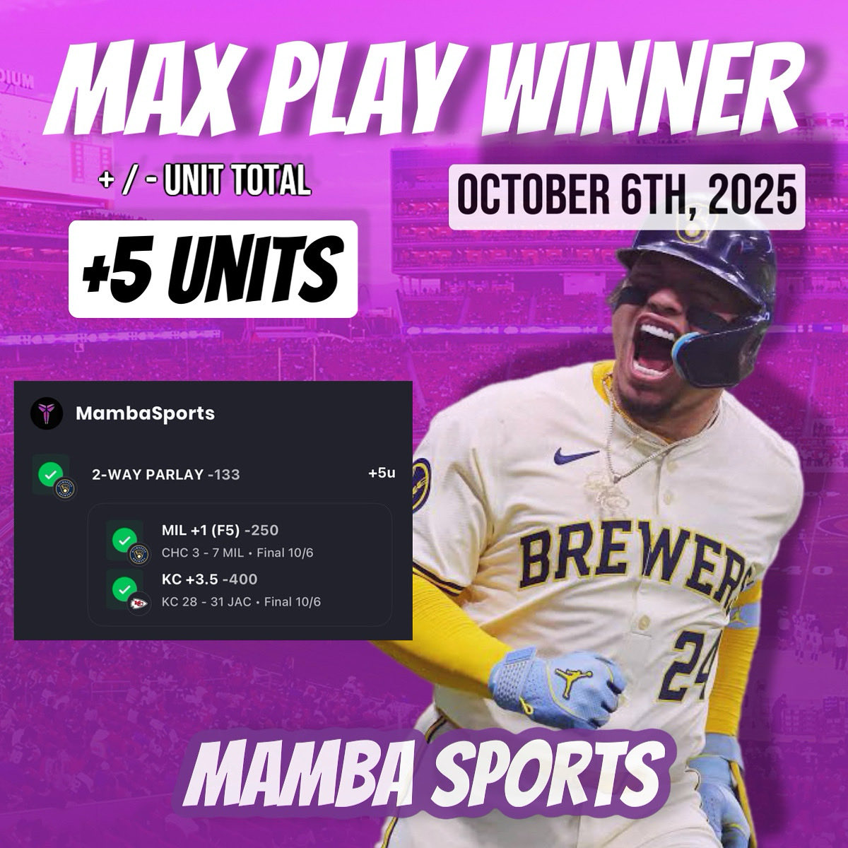 AIWinningTips's tweet image. 🚨 19-8 FREE MAX PLAY RUN! 🚨

That’s +9.40 units = 💰 

Want today’s FREE MAX PLAY before it drops?
📩 DM me “LINK” and I’ll send you the invite instantly 👇

Don’t miss another winner 🐍🔥

#SportsBetting #SportsPicks #FreeSportsPicks #BettingTips #GamblingTwitter…