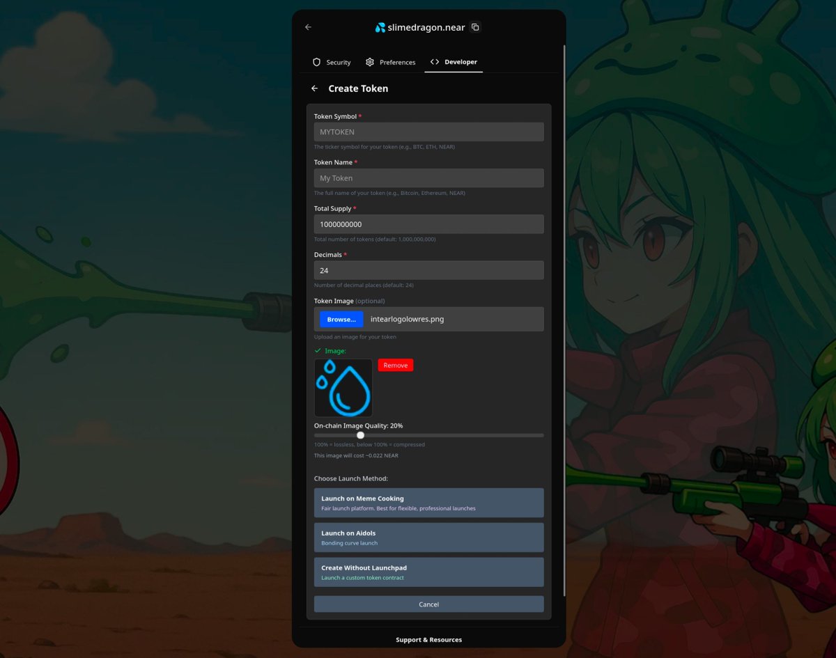 Now you can deploy tokens straight from Intear Wallet.
Supported via <a href="/memedotcooking/">MEME.COOKING</a>, <a href="/AIDOLS_agent/">AIDOLS</a>, and NEAR's new Global Contracts feature (this might be the first time this feature has been used on a production mainnet app!)