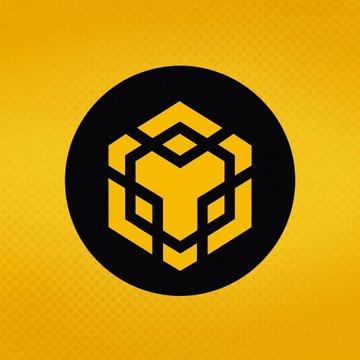First image displays a black circular emblem with intricate yellow geometric patterns forming a cube-like structure on a yellow gradient background. Second image shows a financial candlestick chart for BNBUSDT pair with purple title bar indicating open 1294.6 high 1307.1 low 1292.6 close 1300.6 and current price 1306, featuring green and red bars and lines on black background.