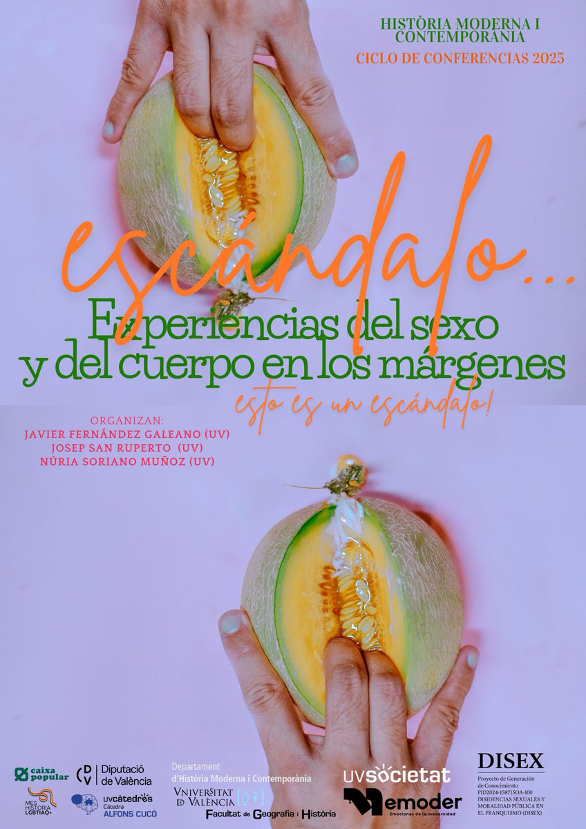 emoderUV's tweet image. ¡Escándalo is BACK! 22 de octubre y 19 de noviembre nuevas fechas 🍆 Esta vez @emoderUV colabora con el proyecto DiSEX, titulado &quot;Disidencias sexuales y moralidad pública en el Franquismo&quot; y la Cátedra Alfons Cucó @meslgbtplus @JavierFGaleano @FacGeoiH @josanru1  @NuriaSorianoMu