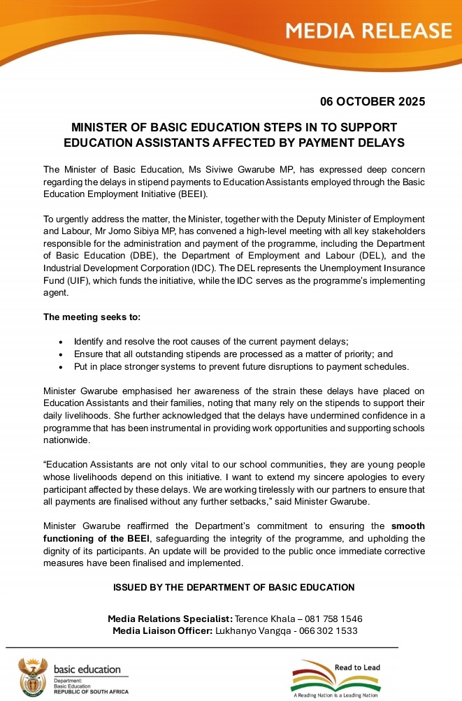 GovernmentZA's tweet photo. 🔁Update on BEEI Stipend Payments | Minister of Basic Education steps in to support education assistants affected by payment delays.
#DBENews #EducationZA #EducationAssistants #BEEI #GovZAUpdates https://t.co/qSSZoyreId