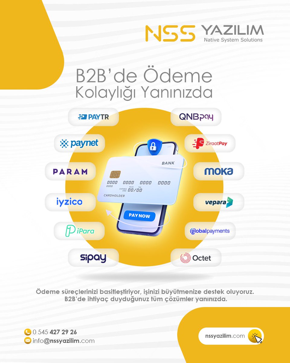 nssyazilim's tweet image. B2B’de Ödeme Kuruluşlarıyla İş Süreçlerinizi Hızlandırın!
📞 Demo talebi ve fiyat bilgisi için bize ulaşın!
nssyazilim.com | info@nssyazilim.com
#NSSYazılım #B2B #ÖdemeKuruluşu #ETahsilat #SanalPos #OnlineÖdeme #TahsilatKolaylığı #İşYönetimi