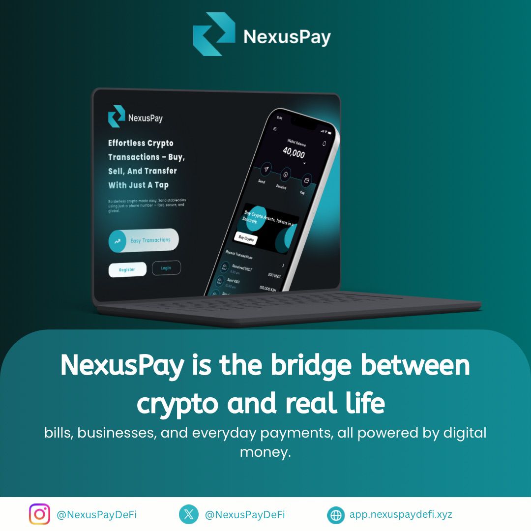 NexusPayDeFi's tweet photo. NexusPay makes moving money on‑chain and off‑chain effortless deposit, convert, and cash out without friction. One smooth flow that connects crypto and real life, fast and reliable.
https://t.co/GC9OMFklGh
#Fintech #CryptoPayments #DigitalFinance #AfricaTech #NexusPay https://t.co/krD7N2P3El