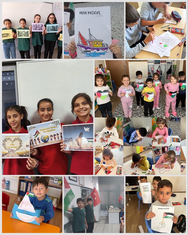 Collage of multiple classroom scenes with young children aged approximately 5-10 years holding handmade crafts including paper boats Palestinian flags heart shapes and globe drawings some wearing school uniforms others in casual clothes standing in groups smiling and displaying artwork on tables against whiteboards and educational posters in indoor school environments.