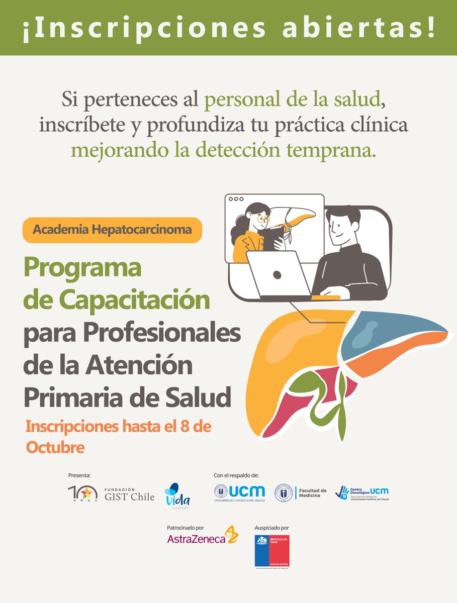 ⚠️¡Atención profesionales de la Atención Primaria de Salud!⚠️

Los invitamos a nuestra Academia Hepatocarcinoma 🙌🏻, donde podrán profundizar su práctica clínica y mejorar la detección temprana de sus pacientes.

👉🏻 Inscríbase en academia.gist.cl¡Los esperamos!