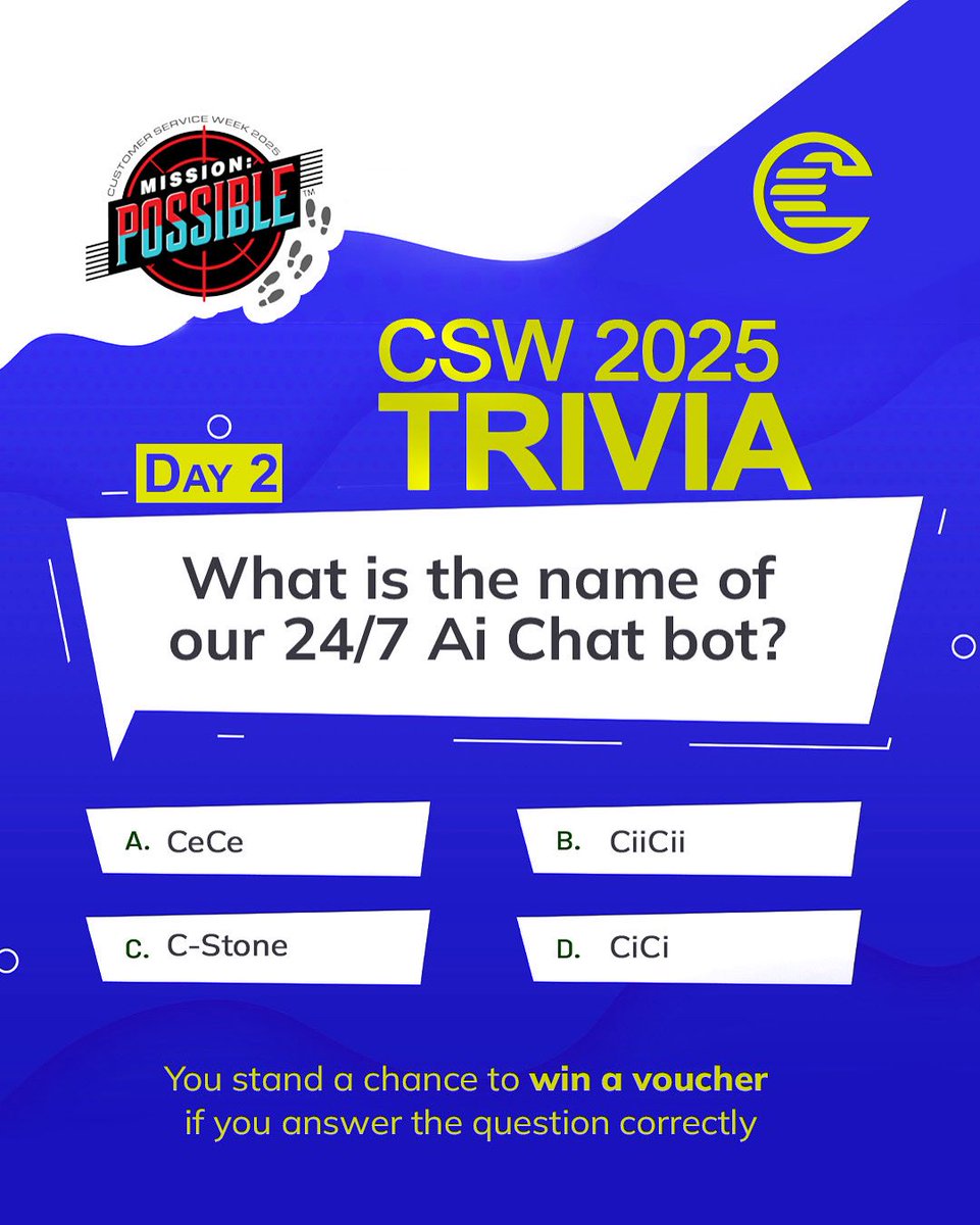 How well do you know our brand?

Answer this question correctly for a chance to WIN a voucher! 

#CSW #CustomerServiceWeek #MissionPossible #TriviaTime #Giveaway #CornerstoneInsurancePLC #TheFutureAssured
