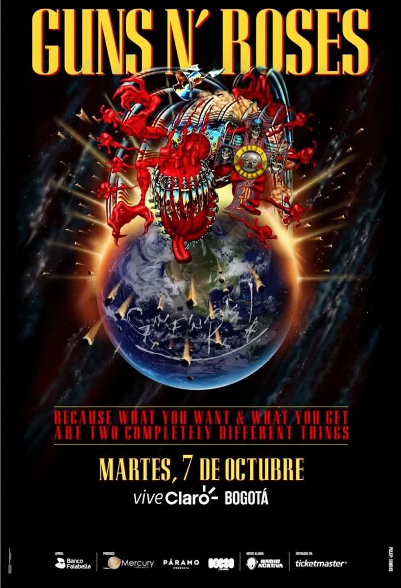 LIVE TONIGHT : <a href="/gunsnroses/">Guns N' Roses</a> at Vive Claro - Bogota, Colombia
Gates open at 4:00PM
Local band 1280 Almas at 6:40PM
Guns N' Roses at 7:45

#GunsNRoses #GunsAndRoses #GNR #GnFnR #Slash #Axl #AxlRose #Duff #Colombia #Bogota #ViveClaro