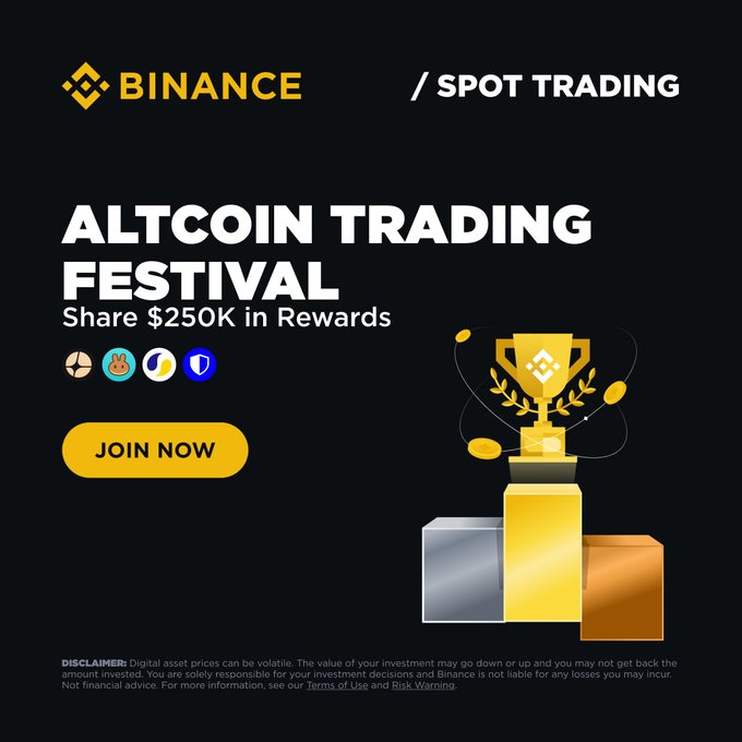 Black background with yellow Binance logo at top. Bold white text reads Altcoin Trading Festival and Share 250K in Rewards. Icons of share doge and solana coins below. Gold trophy with coins and laurels on right. Three podiums in bronze silver and gold at bottom. Yellow Join Now button. Small disclaimer text at base about digital assets and risks.