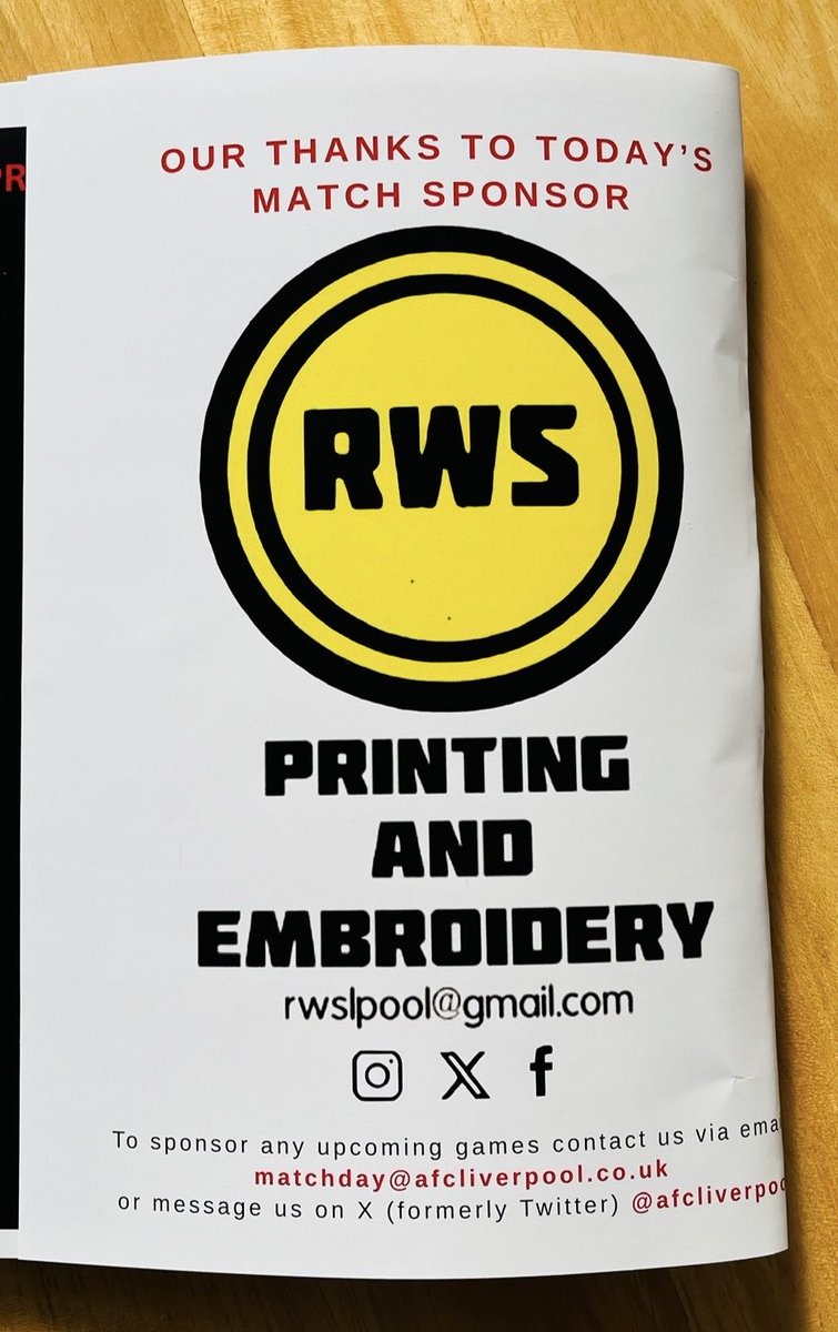 A Big Thank You to our Matchday Sponsor tonight, RWS Printing &amp; Embroidery (20 Cooks Rd, Crosby). AFC Liverpool v Runcorn Town at the BSG Stadium Vesty Rd,(Bootle Fc) 7:45Ko. There’s nothing on the Telly so come on down pay on the gate cash/card £7£4£2 Bar open Hot food available
