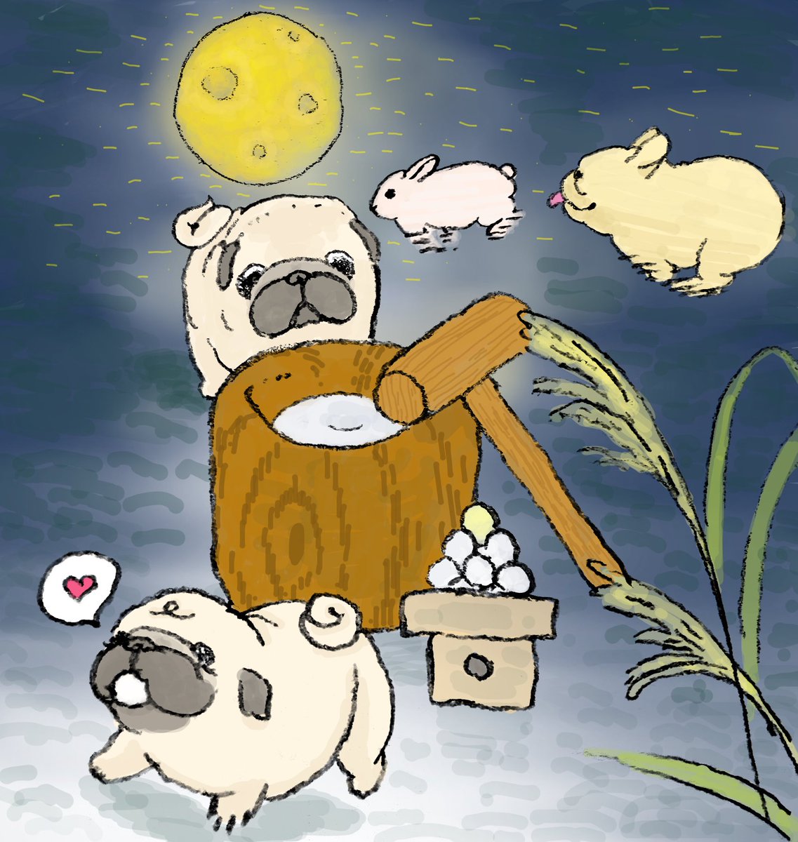 中秋の名月🐽
#パグ　#フレンチブルドッグ　#お団子　#お餅ぺったん　#鼻ぺちゃ犬のイラスト
↓↓2026年カレンダー販売中↓↓
pdayshop.jp/?pid=188477210