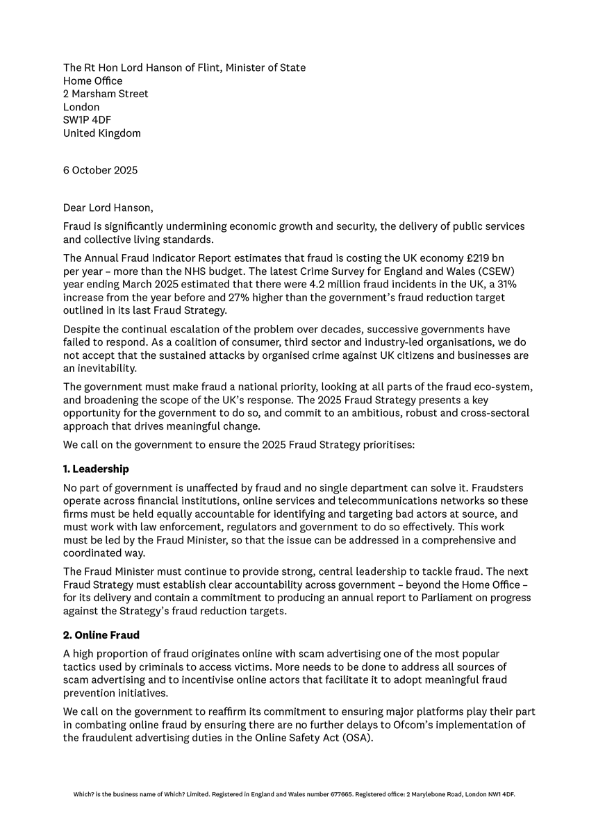WhichUK's tweet photo. The fight against fraud needs a clear plan. That's why today Which?, alongside @CifasUK , @UKFtweets , Royal United Services Institute (RUSI), @InnFin, @VictimSupport  and the @Fraud_Panel , is urging the government to deliver a strong, ambitious national Fraud Strategy. https://t.co/QTw0wKNE4v