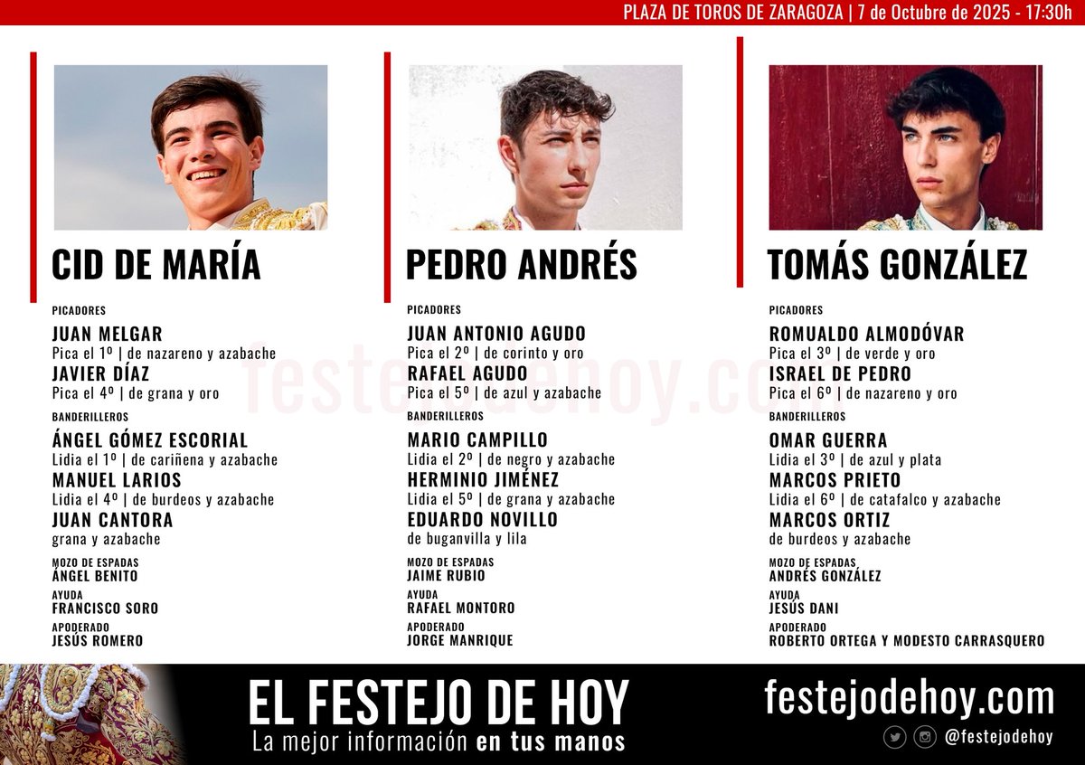 festejodehoy's tweet photo. ❤️ 𝗭𝗔𝗥𝗔𝗚𝗢𝗭𝗔

Se lidian novillos de Hijos de Ignacio Pérez Tabernero y El Pincha para Cid de María, Pedro Andrés y Tomás González 

⌚️ 17.30h

👉🏻 Ampliamos la información en nuestra revista virtual

➕ | https://t.co/MmuByQuQDa https://t.co/LmDQo6l9Gz