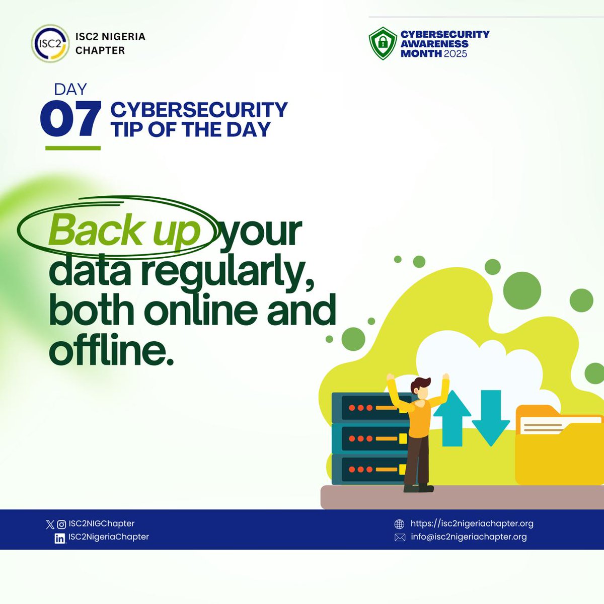 ISC2NIGChapter's tweet image. Day 7

Data loss can happen anytime through system failures, cyberattacks, or human error.

Regularly backing up your data can help guarantee your peace of mind. 

#ISC2 #OctoberCybersecurityAwarenessMonth2025 #DataBackUp