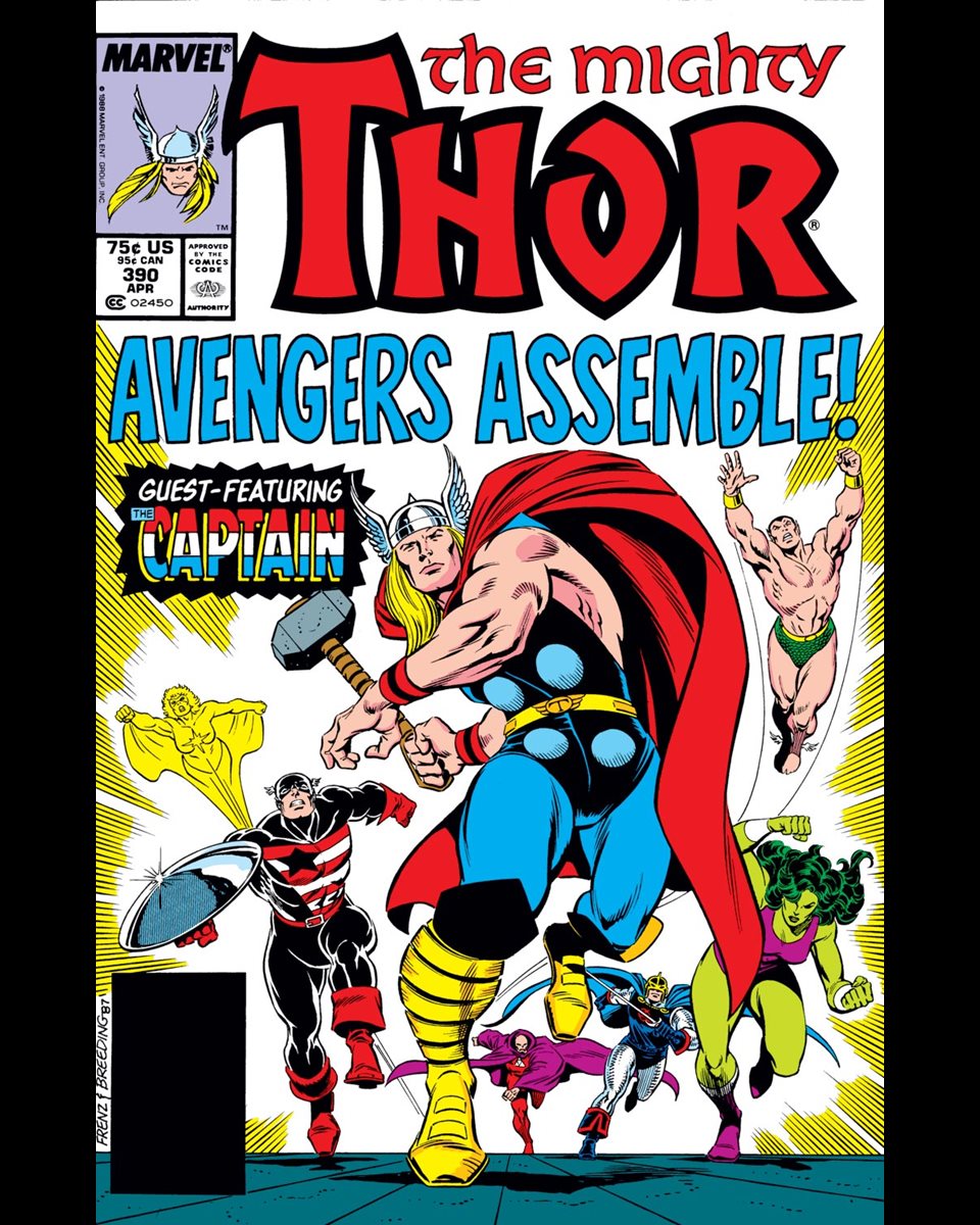 ClassicMarvel_'s tweet photo. Thor #390 cover dated April 1988.

Thor returns to Earth and reunites with an old friend--Steve Rogers, now called simply "The Captain"! But when the two are attacked by the Demons of Death, there's a surprising twist of who is worthy to lift Mjolnir! https://t.co/vbkhR8Rwkr