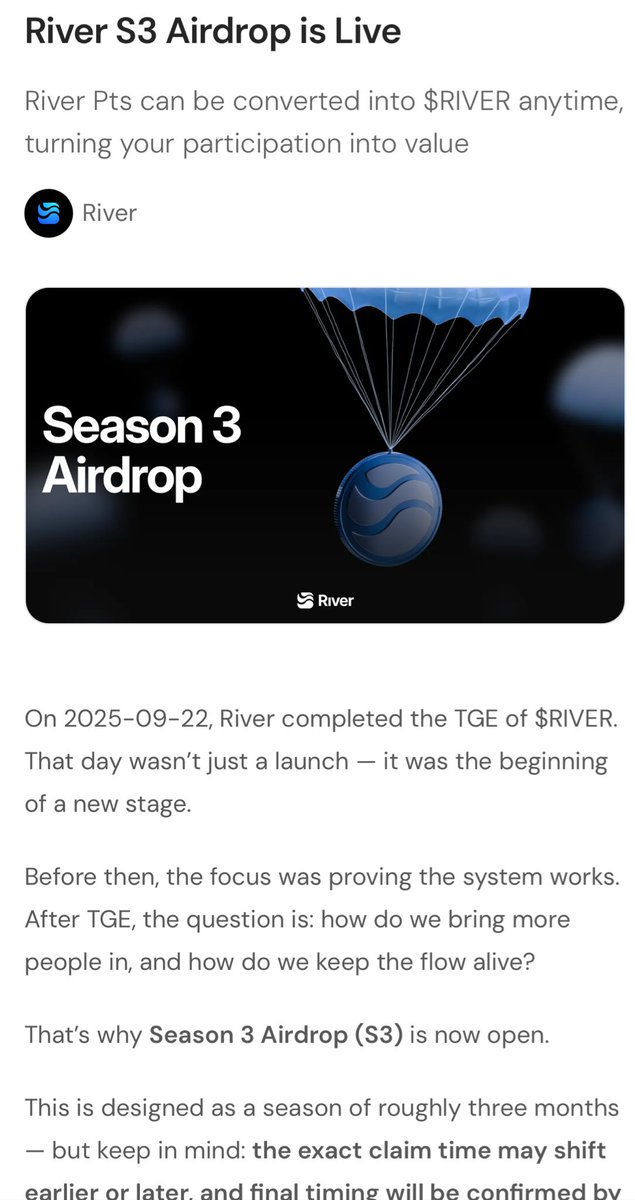 NguyenNetwork's tweet image. River4FUN đang ở Season 3 của chương trình airdrop,tổng pool thưởng lên đến 30 triệu token $RIVER (khoảng 72 triệu USD Đây là dự án kết hợp yếu tố xã hội và tài chính phi tập trung, thu hút hơn 18.000 creator và 20đối tác chỉ sau 30 ngày triển khai @River4fun
