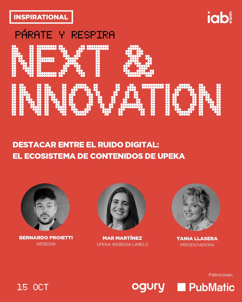 El miércoles 15 de octubre estaremos en los #Inspirational25 de <a href="/IAB_Spain/">IAB Spain</a>  con uno de nuestros formatos estrella. El equipo de <a href="/upeka_oficial/">Upeka</a>, con <a href="/taniallasera/">⚡️Tania Llasera⚡️</a>  a la cabeza, analizará el caso del medio digital y explicar cómo destacar entre el ruido digital. 
¡No te lo pierdas!