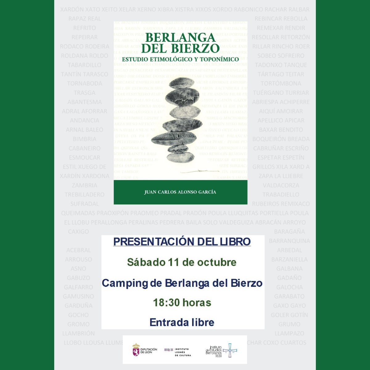 El próximo sábado presentamos en el Camping de Berlanga del Bierzo nuestra última publicación dedicada al estudio etimológico y toponímico del pueblo.
¡Los vecinos de Berlanga nos esperan con una fiesta!
#elbierzo #cultura #toponimia #etimología <a href="/ilc_dipuleon/">Instituto Leonés de Cultura</a>  <a href="/diputacionleon/">Diputación De León</a>