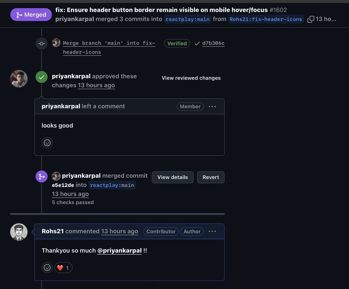 RohanSingh2104's tweet image. Excited to share that my first PR in @ReactPlayIO and @hacktoberfest 2025 just got merged! 🚀
Feels amazing to contribute to such a great community! 
Special thanks to @Priyankarpal for guidance.

#hacktoberfest #DeveloperCommunity #WebDevelopment #github