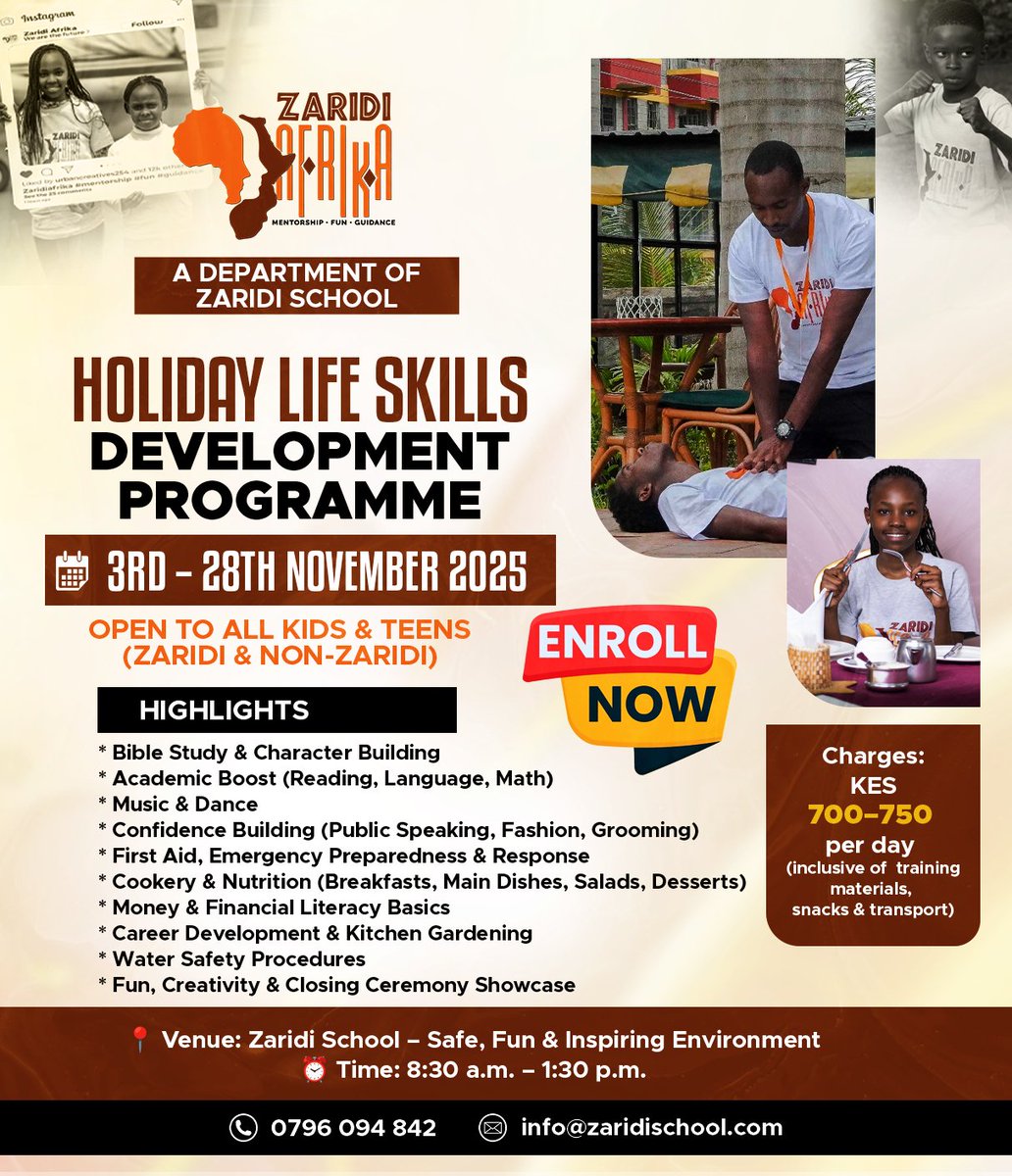 zaridischool's tweet photo. 🌟 A Full Month of Impactful Learning &amp; Fun!
This November, the Zaridi Afrika Holiday Life Skills Programme will equip children with practical skills, confidence, and values that last a lifetime — from etiquette and safety to confidence building and creativity! 💪🎨📖 https://t.co/Dvp4yaayT5