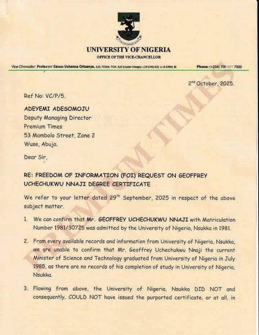 A formal letter on official University of Nigeria Nsukka letterhead from the Office of the Vice-Chancellor dated 2nd October 2025 with reference VC/P/2025/001 addressed to Mr Geoffrey Uchechukwu Nwankwo regarding a request for confirmation of degree certificate. The letter states that matriculation number 831075 was assigned in 1981 but no records of completion exist so the university did not issue any certificate. It is signed by Prof VC Obioma and the Registrar.