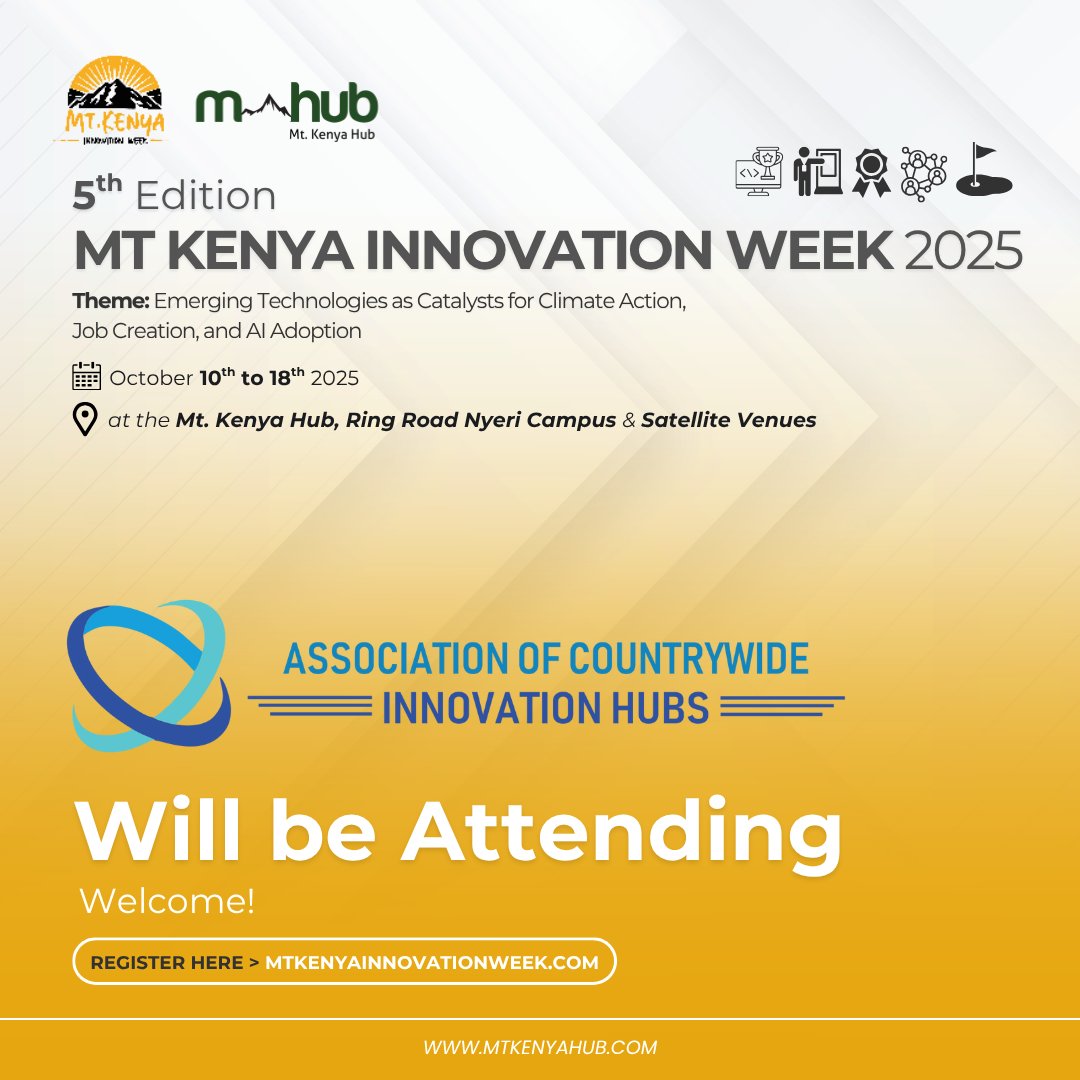 Key ecosystem enabler, Association of Countrywide Innovations Hubs <a href="/CountrywideHubs/">Association of Countrywide Innovation Hubs</a> (ACIH), will be part of the 5th Edition of Mt. Kenya Innovation Week 2025! 👏

📅 October 10–18, 2025
📍 Mt. Kenya Hub, Nyeri Campus
 
#InnovationRedefined #MtKenyaHub #MtKenyaInnovationWeek2025