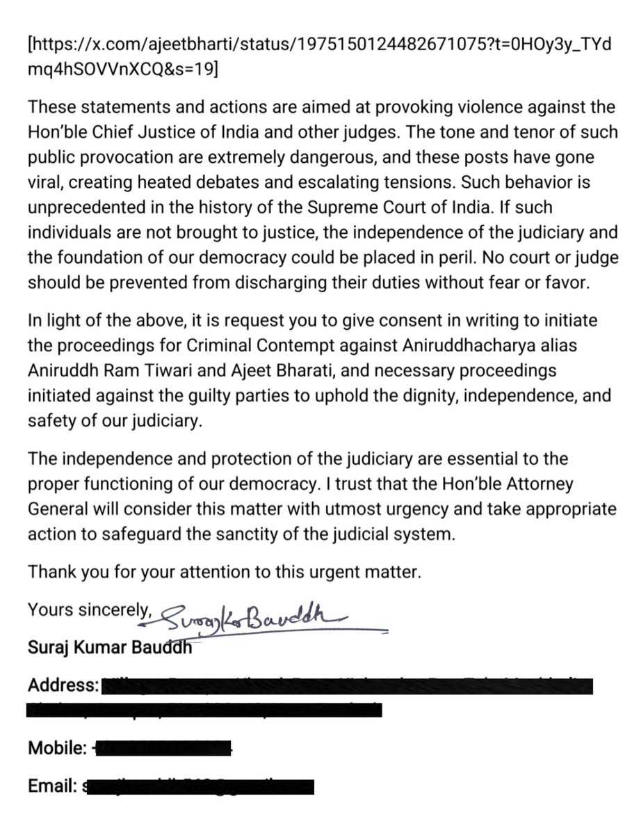 चीफ जस्टिस बी.आर. गवई पर हमले और हिंसक धमकियों के मामले में, अटॉर्नी जनरल को पत्र लिखकर अनिरुद्धाचार्य व अजीत भारती के खिलाफ Contempt of Court कार्यवाही शुरू करने हेतु कंसेंट मांगी है।

जाति के आधार पर CJI को धमकी देने वालों को बख्शा नहीं जाएगा। इन पर कानूनी लगाम लगना जरूरी है।