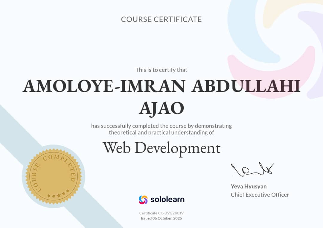 fardolax_100's tweet image. Big congrats to my brother, my namesake Abdullahi on completing his Web Development course! Proud of this step into tech more wins ahead! 👨💻🔥 #WebDev #TechJourney #SoloLearn