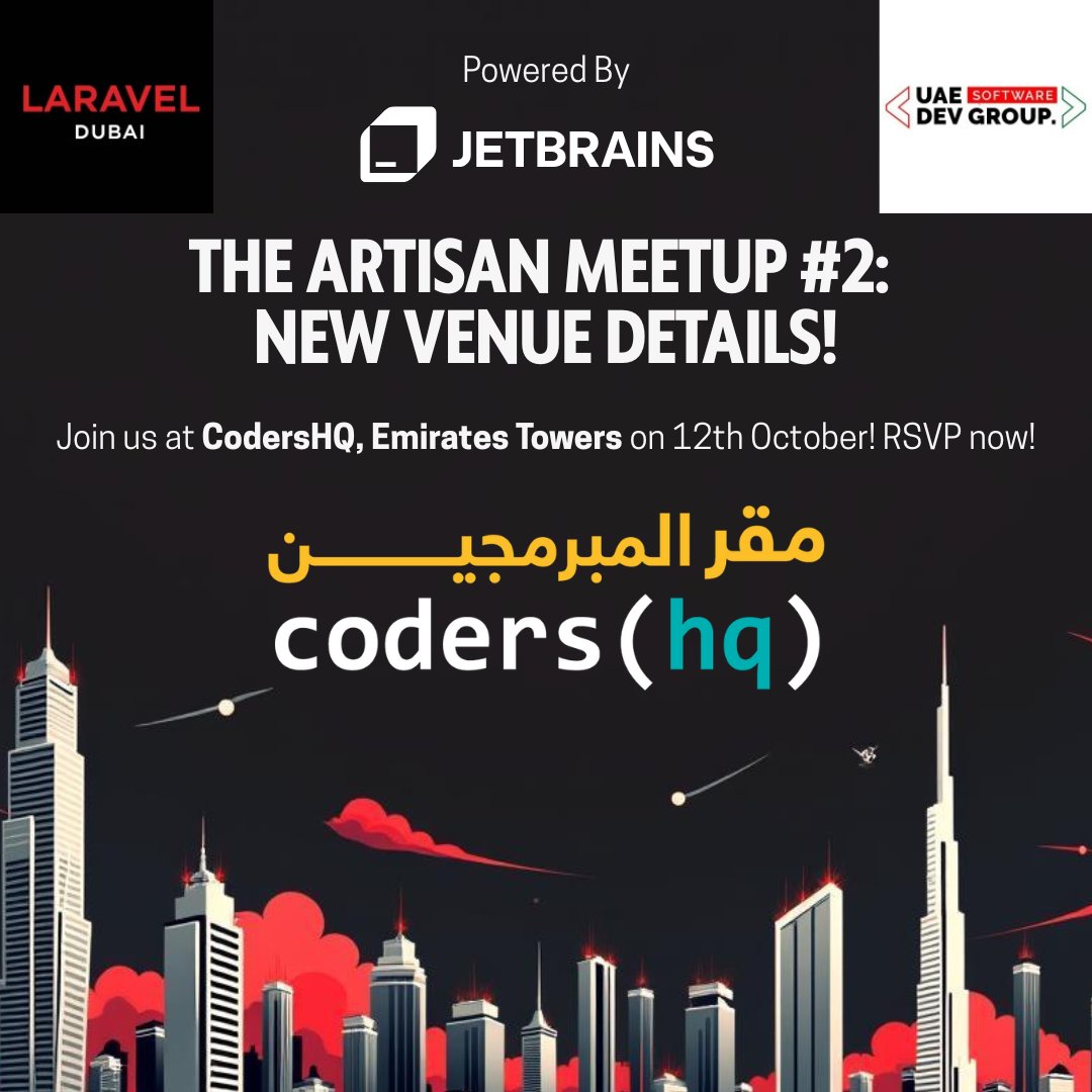 laraveldxb's tweet image. 📢 Venue Update!
Our Laravel Dubai Meetup is now happening at Coders HQ 🎉
Huge thanks to Shaher Tayfour & the CodersHQ team for accommodating us on short notice ❤️
📅 Oct 12 | ⏰ 10:30 AM | 📍 Emirates Towers, Dubai
#LaravelDubai #Laravel #CodersHQ