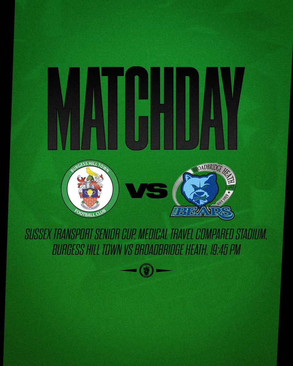 ⚽️ | MATCHDAY! 

Cup action at Leylands Park this evening as we begin our Sussex Transport Senior Cup campaign against the Isthmian’s Heath, Broadbridge Heath. 

KO is 7:45pm, come on down and get behind Jay, Gary and all the chaps as we look to beat the Bears. 

💚🖤 #COYH