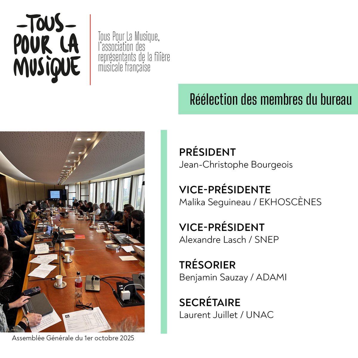 L'Assemblée générale de TPLM s'est tenue la semaine dernière et parmi les décisions prises :

► Réélection de l'ensemble des membres du bureau, dont le mandat est reconduit pour 3 ans 

► Deux nouveaux membres rejoignent l'association :
- <a href="/Spedidam/">SPEDIDAM</a> 
- UMAN