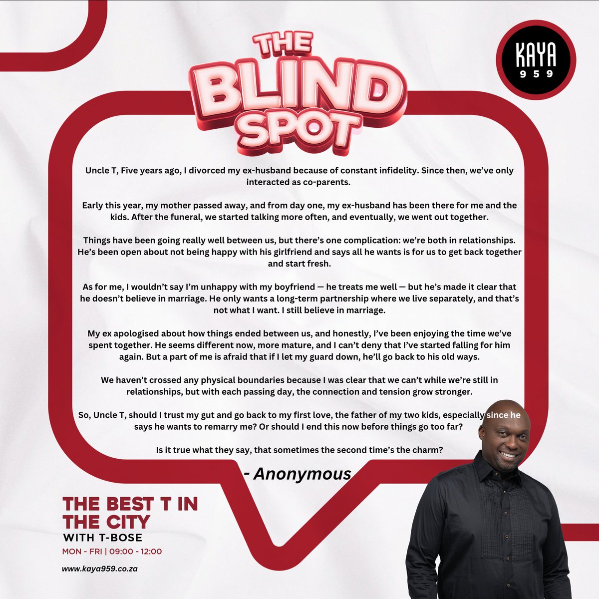 #TheBlindSpot 

Comment via VN on WhatsApp 063 688 0959