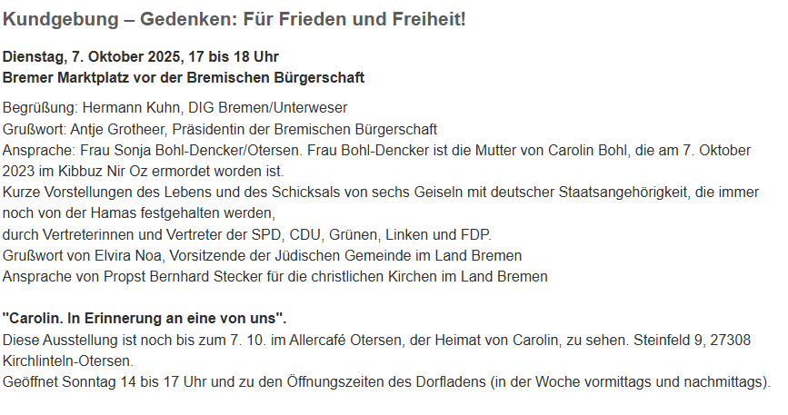 Heute ab ca. 16:30 Uhr Livestream aus Bremen von der Kundgebung – Gedenken zum 7. Oktober (DIG Bremen / Unterweser) auf twitch.tv/der_cptn  #Israel #FCKHMS #7oktober2023