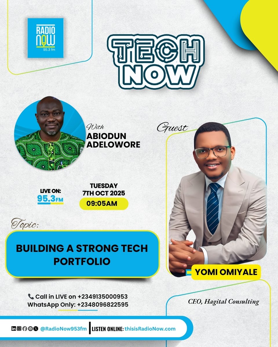 RadioNow953FM's tweet image. Today on #TechNow with Abiodun Adelowore (@ifesapo)

👤 Guest: Yomi Omiyale

🕝 9:05 AM
📻 Radio Now 95.3FM, Lagos
🌐 thisisradionow.com

📞 0913 500 0953
💬 WhatsApp Only: 0809 682 2595

Follow | Like | Comment | Share

#RadioNow953FM #DigitalCareers #TechPortfolio