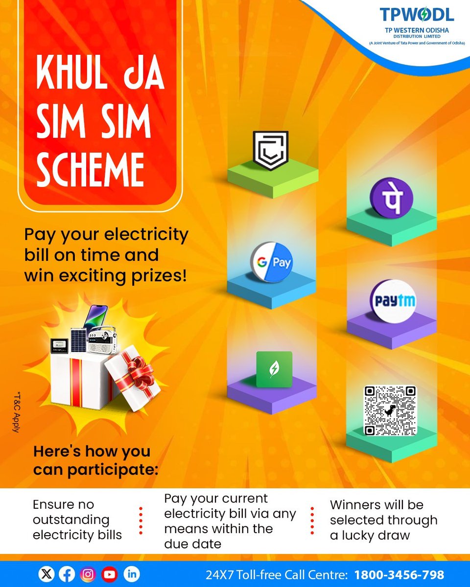 TPWesternOdisha's tweet photo. Turn your bill payment into a winning moment!
Join the Khul Ja Sim Sim Scheme by paying digitally within the due date and maintaining zero arrears.
Stand a chance to win exciting prizes!
*T&amp;C Apply

#KhulJaSimSim #PayAndWin #DigitalBillPayment https://t.co/i5HDHgTgdK