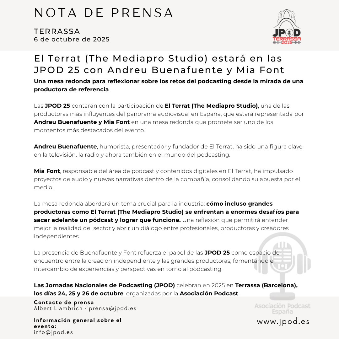 🎙️ El Terrat (The Mediapro Studio) llega a las #JPOD25 con Andreu Buenafuente y Mia Font.
Una mesa redonda sobre los retos del podcasting incluso para las grandes productoras.

🗓️ Sábado 25 de octubre · 19:00h
📍 Terrassa (Barcelona)
🎟️ jpod.es