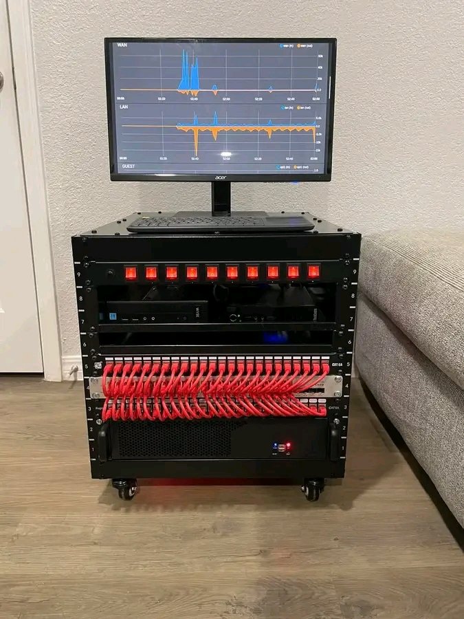 encryptedav's tweet photo. PfSense Firewall, TrueNAS Server, Cisco Switch, Raspberry Pi running Pi-Hole DNS, and Ubiquit Access Point in a 9U rack. #NetworkRack https://t.co/hGjz62QVIX
