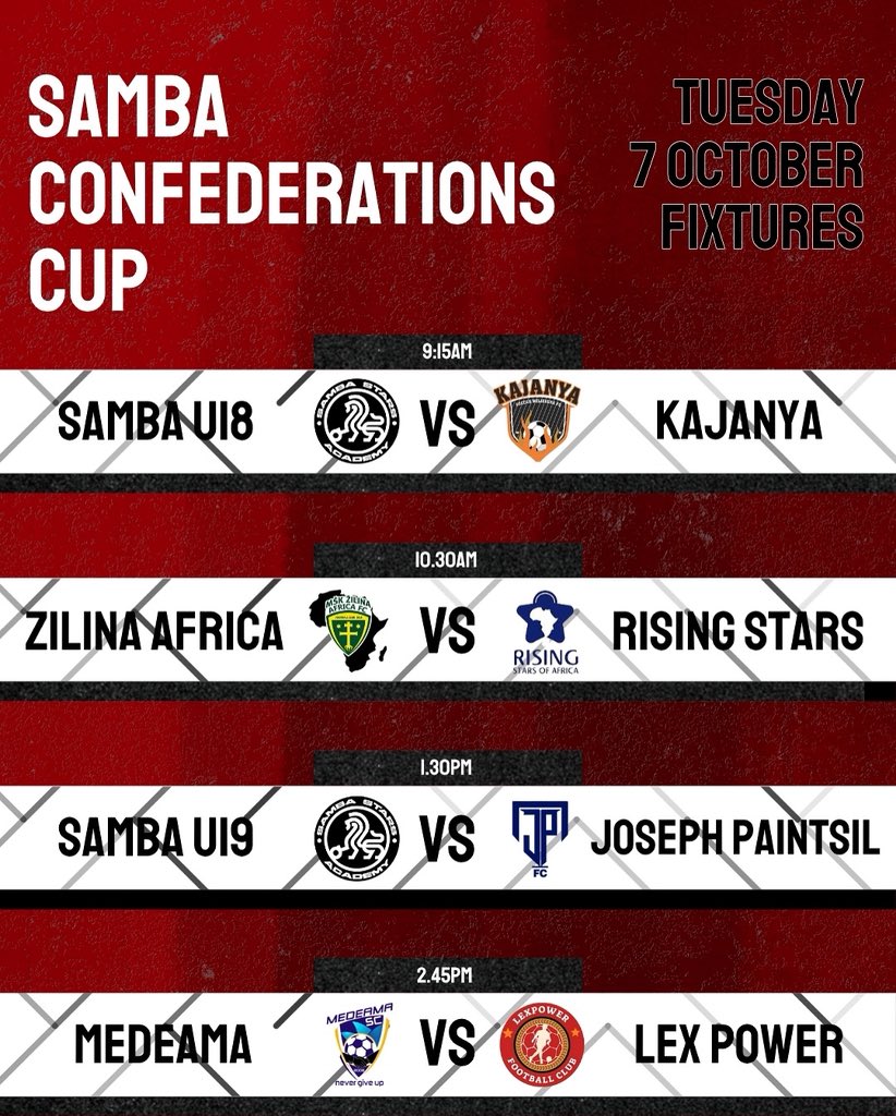 SambastarsAcad's tweet photo. Your fixtures for day two of the Samba Confederations Cup. Big games ahead ⚽️ https://t.co/6FKPnSjKVj